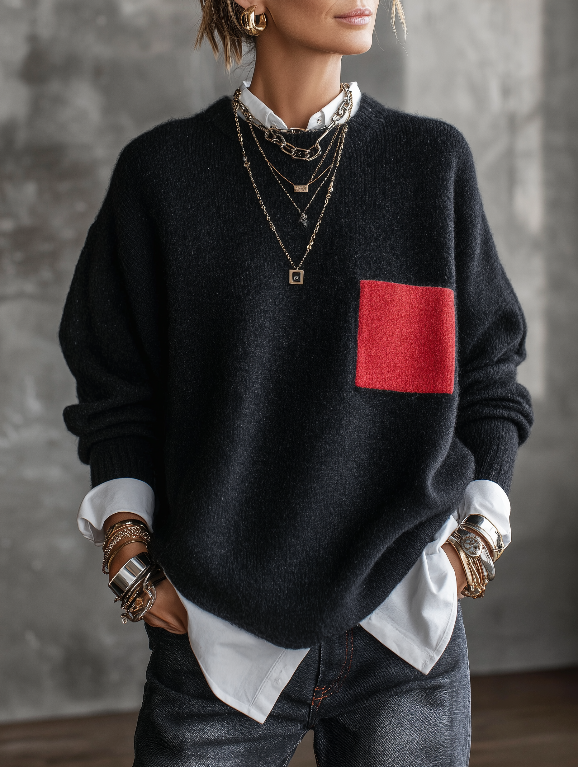 Women's Oversized Crew Neck Contrast Pocket Sweater