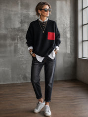 Women's Oversized Crew Neck Contrast Pocket Sweater