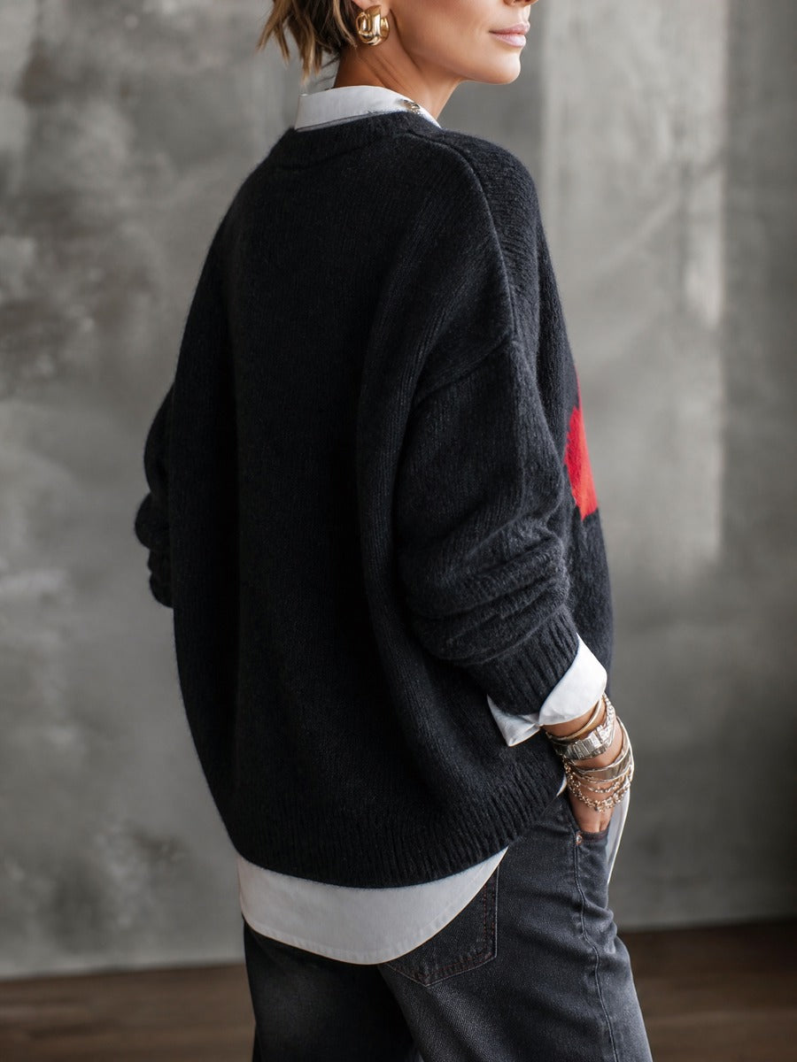 Women's Oversized Crew Neck Contrast Pocket Sweater