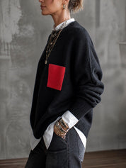 Women's Oversized Crew Neck Contrast Pocket Sweater