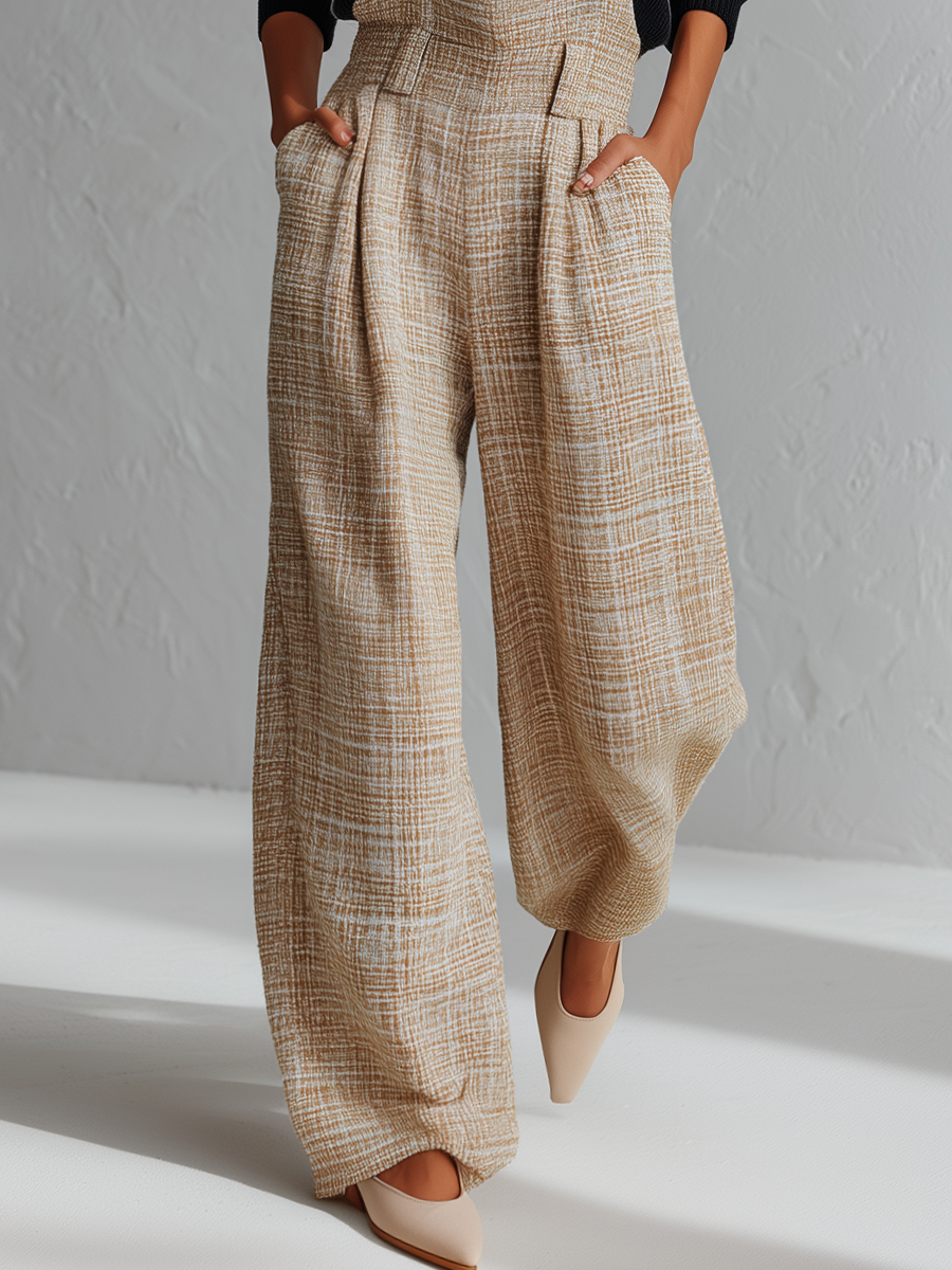 Relaxed Beige Tweed Wide-Leg Jumpsuit