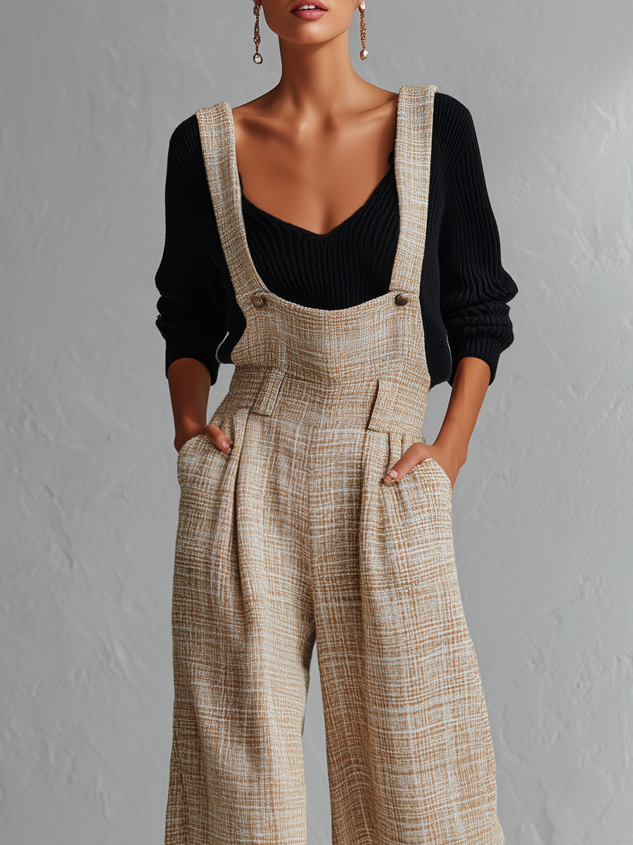 Relaxed Beige Tweed Wide-Leg Jumpsuit