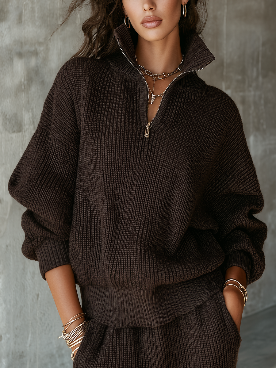 Chocolate Brown Knit Half-Zip Relaxed Pullover Sweater
