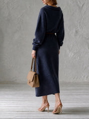 Effortless Navy Belted Knit Midi Dress