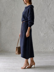 Effortless Navy Belted Knit Midi Dress