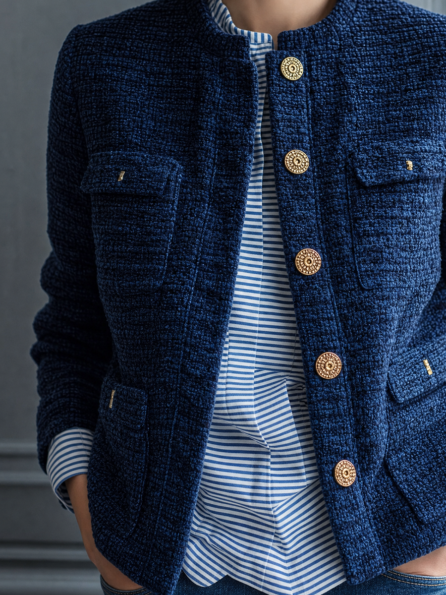 Timeless Navy Textured Gold-Button Jacket