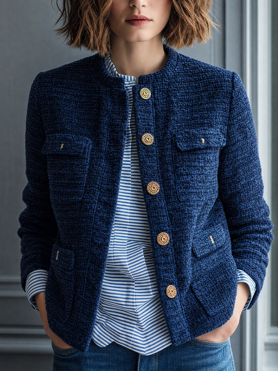 Timeless Navy Textured Gold-Button Jacket