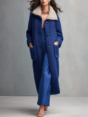 Luxury Cobalt Blue Color-blocked Fur Collar Long Coat