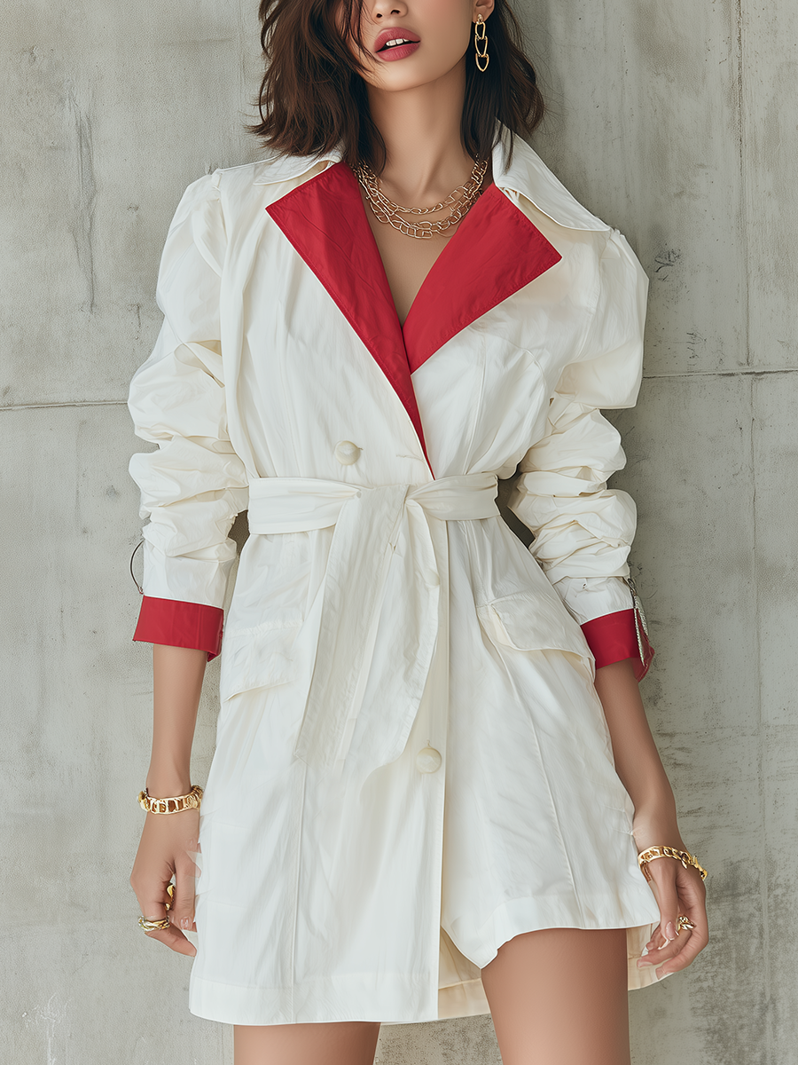Modern Ivory Contrast Red Lapel Belted Trench Coat