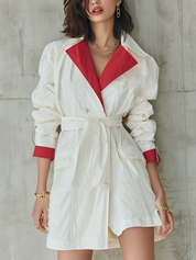 Modern Ivory Contrast Red Lapel Belted Trench Coat