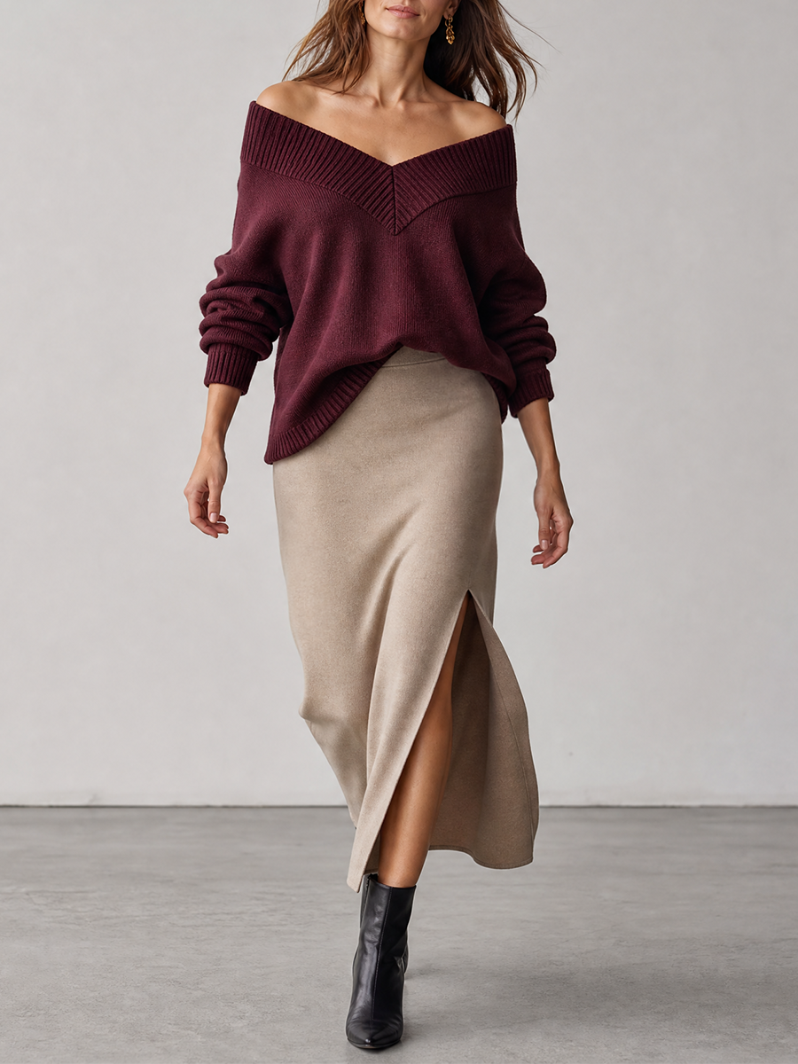 Romantic Luxe Off Shoulder Knit Top & Midi Skirt Set