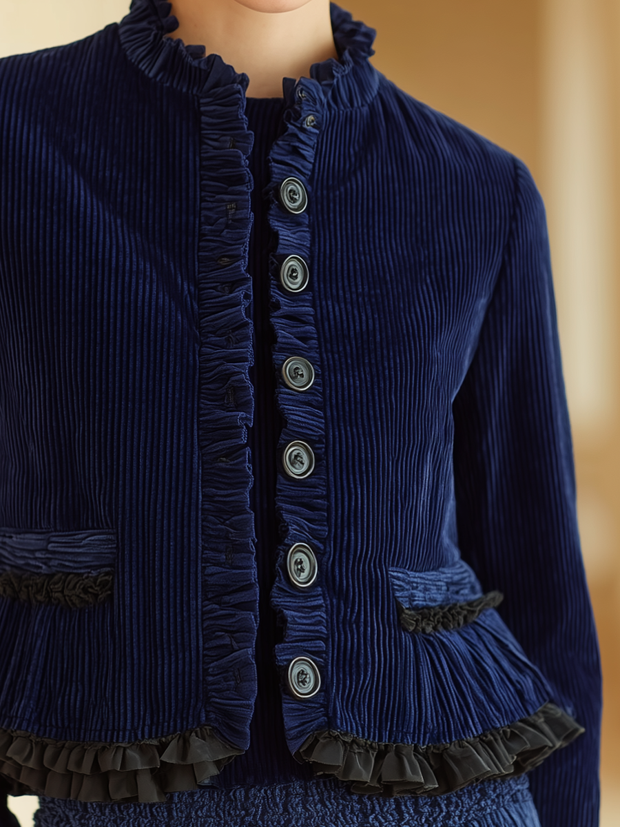 Romantic Navy Ruffle-Trim Corduroy Jacket