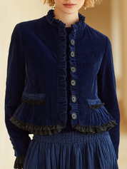 Romantic Navy Ruffle-Trim Corduroy Jacket