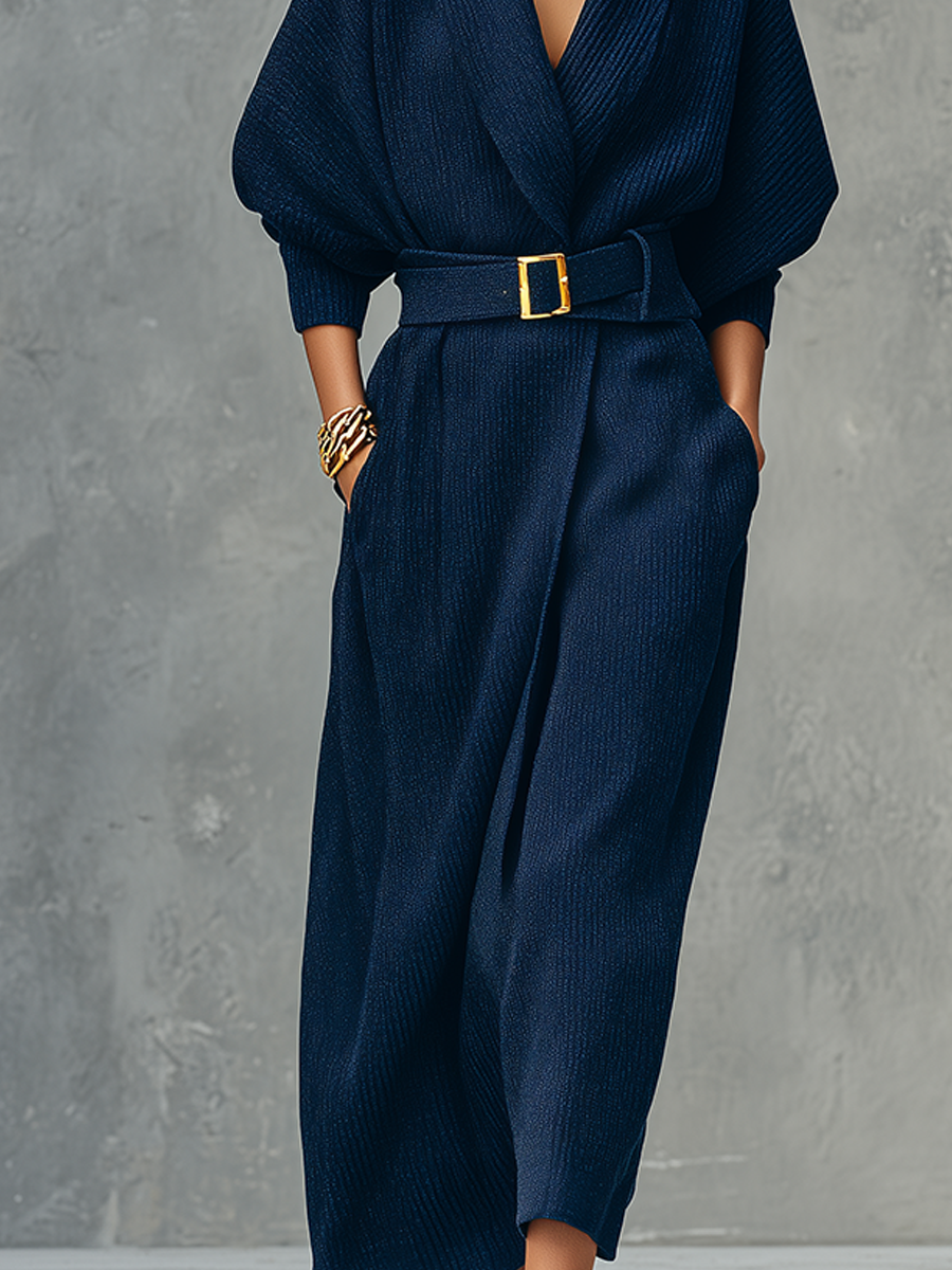 Navy Blue Textured Knit Batwing Sleeve Tie Dress