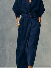 Navy Blue Textured Knit Batwing Sleeve Tie Dress