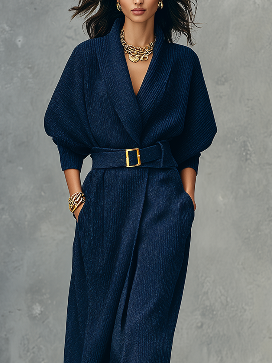 Navy Blue Textured Knit Batwing Sleeve Tie Dress