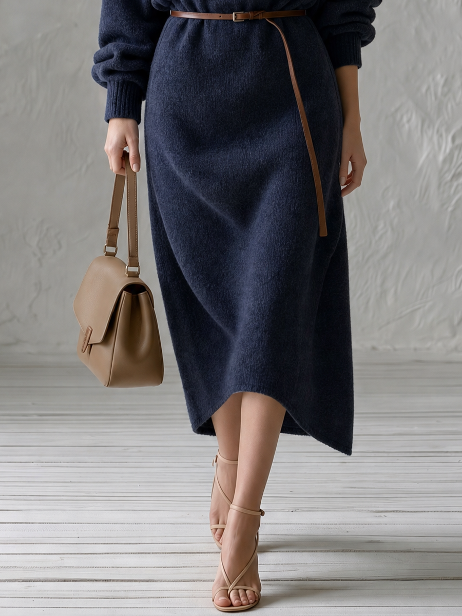 Effortless Navy Belted Knit Midi Dress