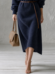 Effortless Navy Belted Knit Midi Dress