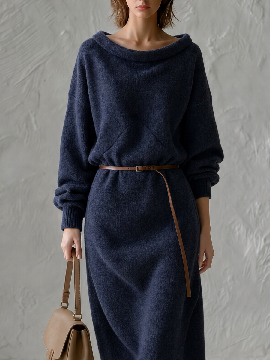 Effortless Navy Belted Knit Midi Dress