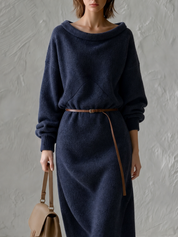 Effortless Navy Belted Knit Midi Dress