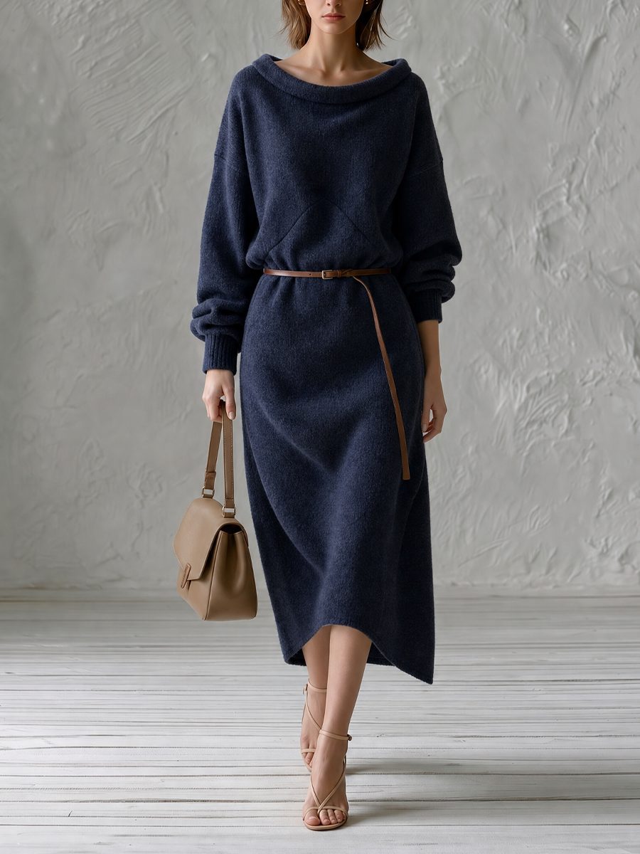 Effortless Navy Belted Knit Midi Dress
