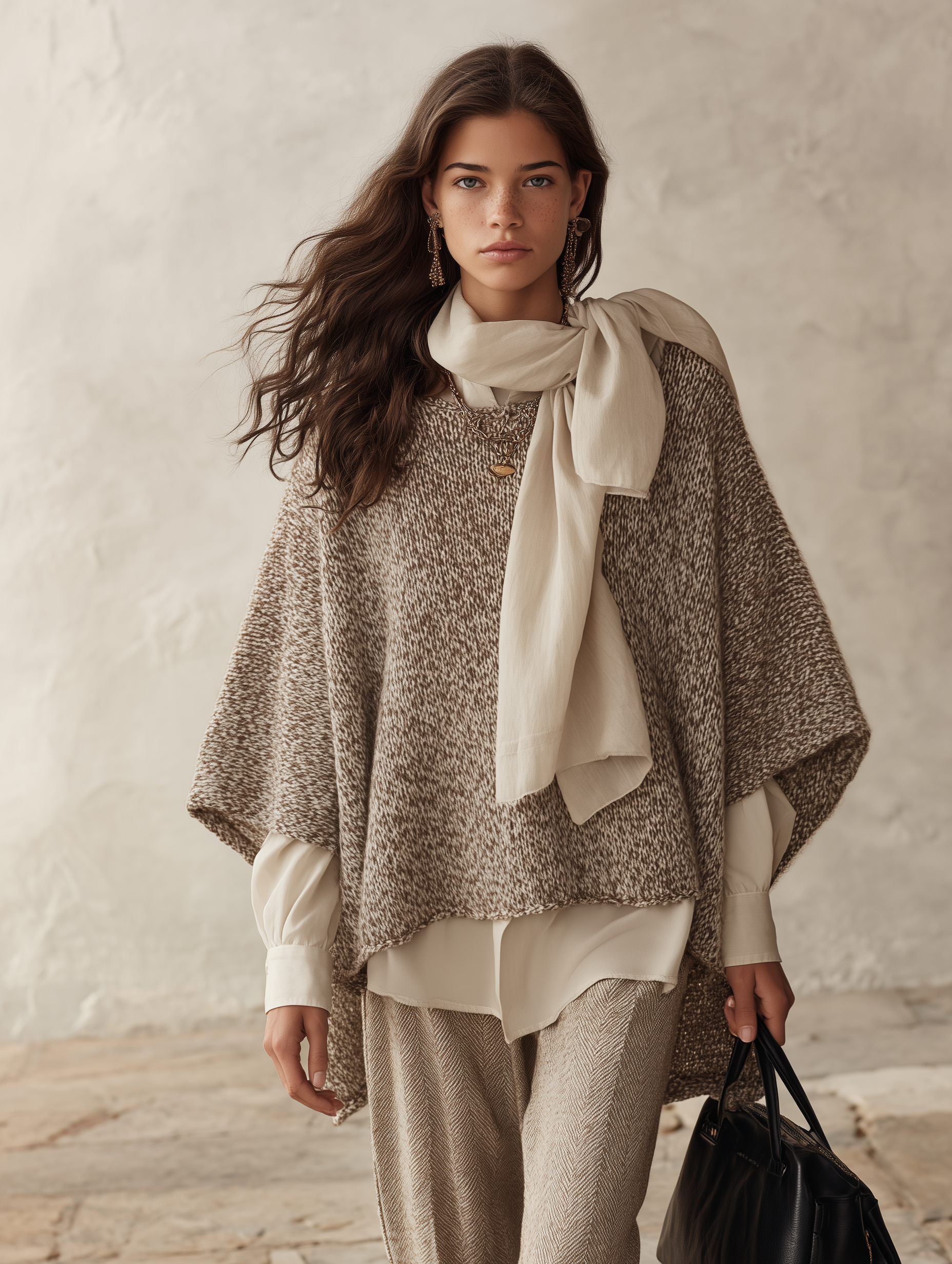 Quiet Luxury Bouclé Knit Oversized Oatmeal Cape Sweater