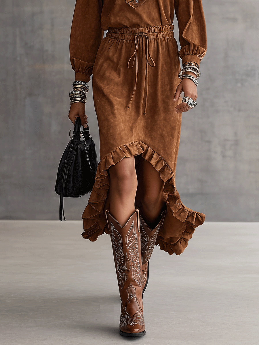 Vintage Cowgirl Faux Suede High-Low Rust Brown Midi Dress