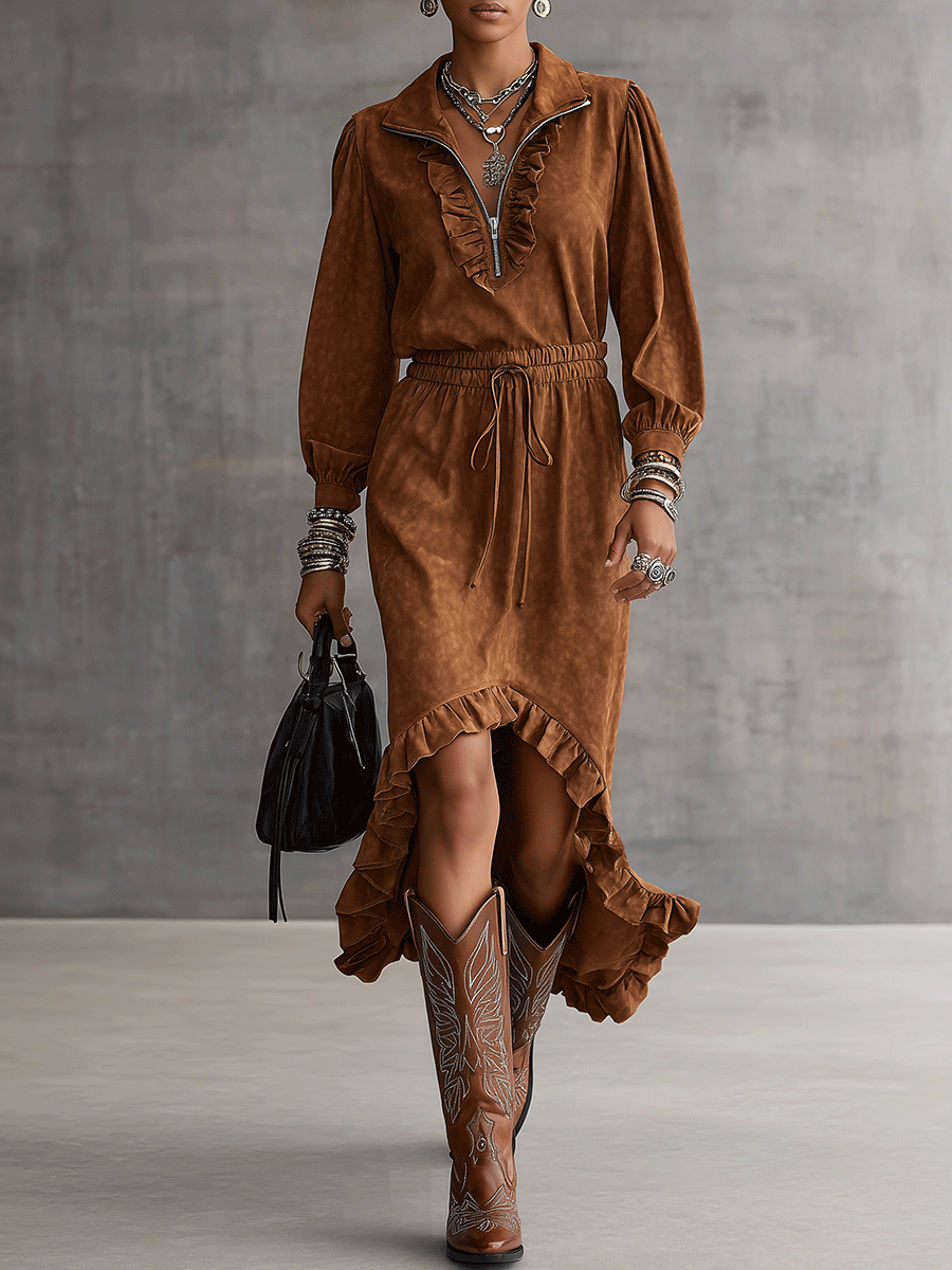 Vintage Cowgirl Faux Suede High-Low Rust Brown Midi Dress