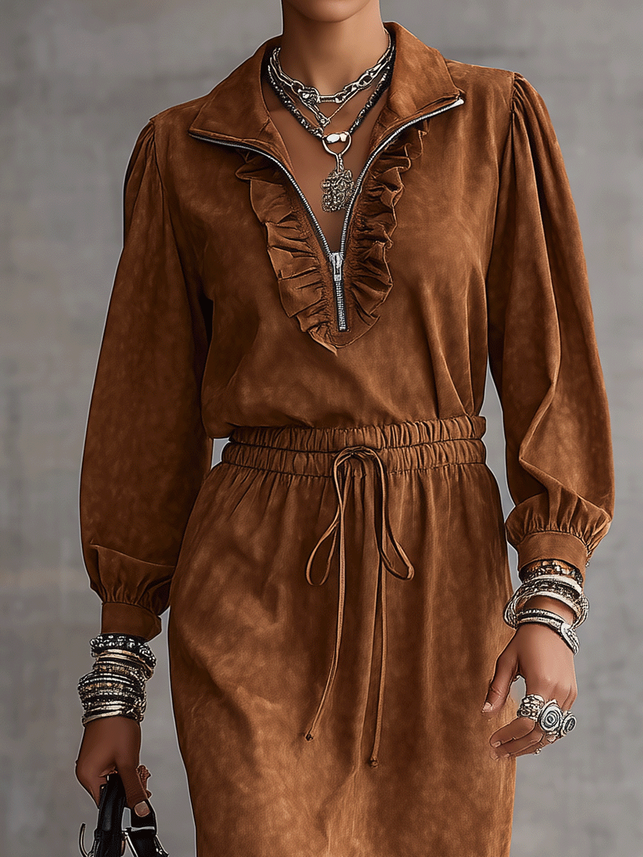 Vintage Cowgirl Faux Suede High-Low Rust Brown Midi Dress