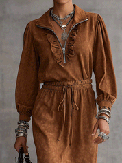 Vintage Cowgirl Faux Suede High-Low Rust Brown Midi Dress