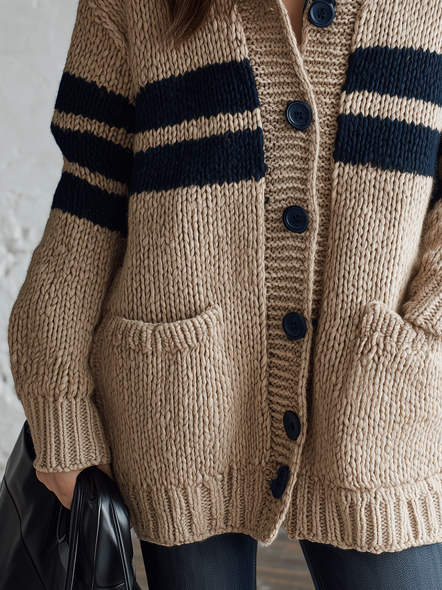 Women's Chunky Knit Color-Block Button-Up Cardigan Sweater