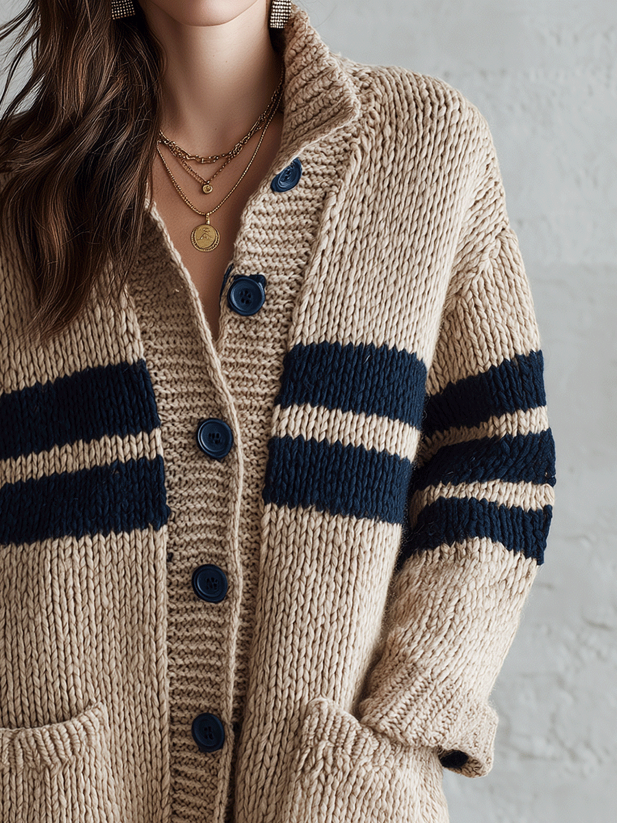 Women's Chunky Knit Color-Block Button-Up Cardigan Sweater