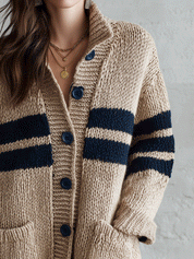 Women's Chunky Knit Color-Block Button-Up Cardigan Sweater