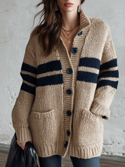 Women's Chunky Knit Color-Block Button-Up Cardigan Sweater