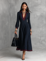 Modern Preppy Knit Structured Midnight Blue Red-Piped Maxi Dress