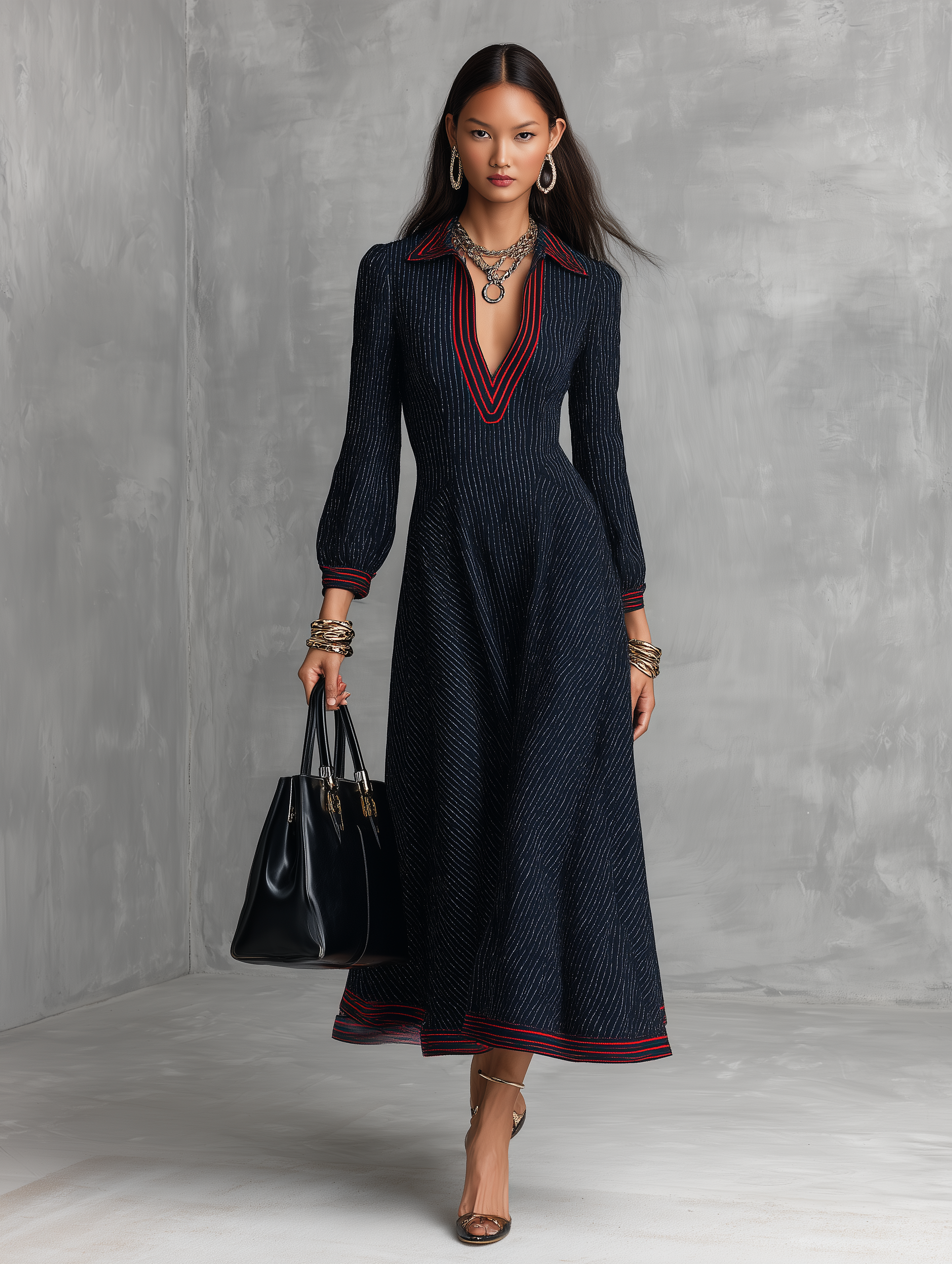 Modern Preppy Knit Structured Midnight Blue Red-Piped Maxi Dress