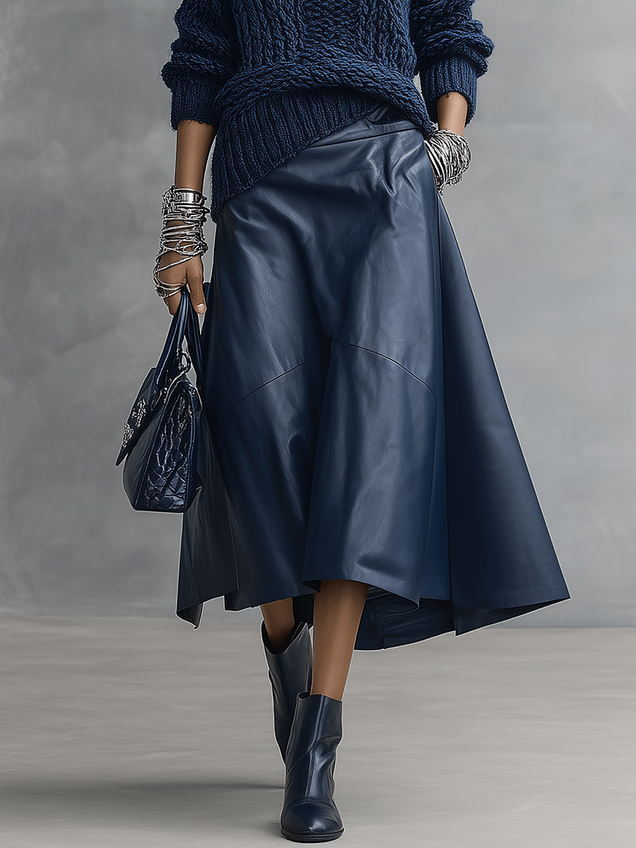 Quiet Luxury Chunky Knit Deep Blue Sweater Fluid Drape Pu Skirt Set