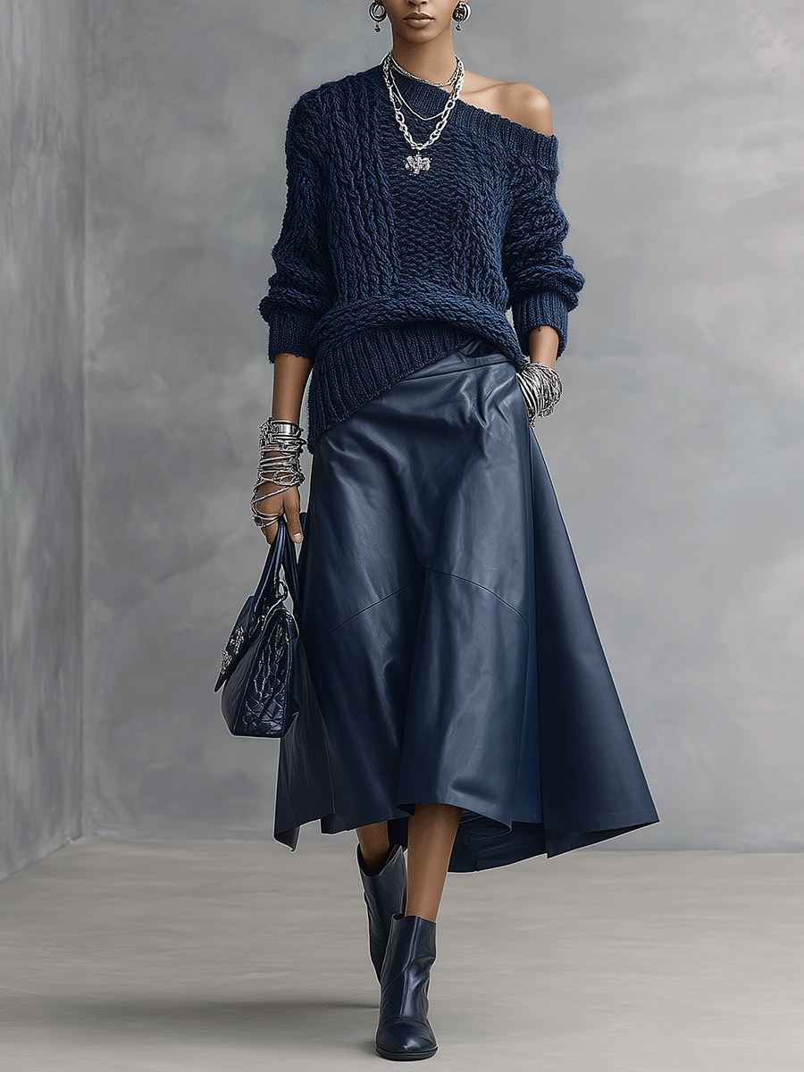 Quiet Luxury Chunky Knit Deep Blue Sweater Fluid Drape Pu Skirt Set