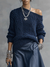 Quiet Luxury Chunky Knit Deep Blue Sweater Fluid Drape Pu Skirt Set