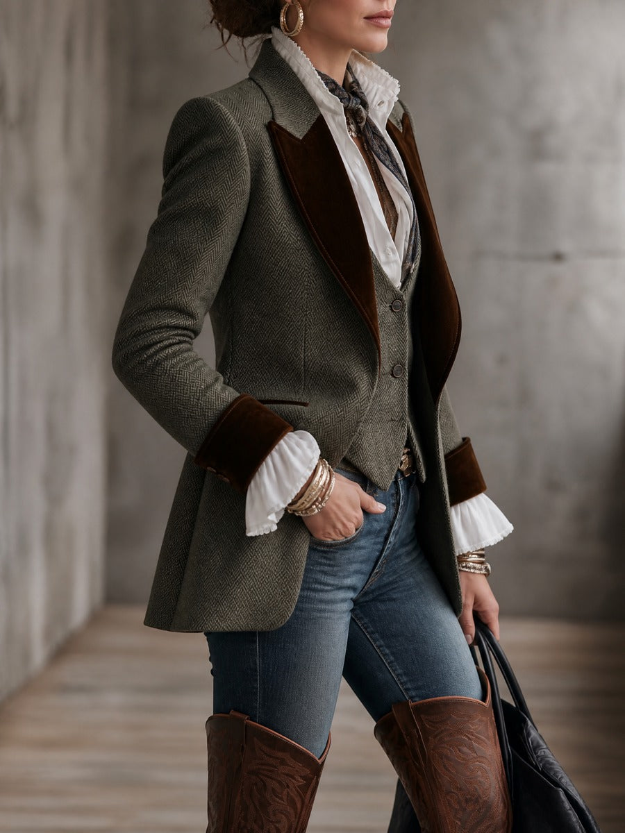 Women's Herringbone Wool Velvet Peak Lapel Blazer