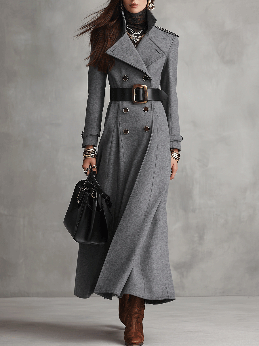 Modern Classic Wool Tailored Slate Grey Double-Breasted Long Coat