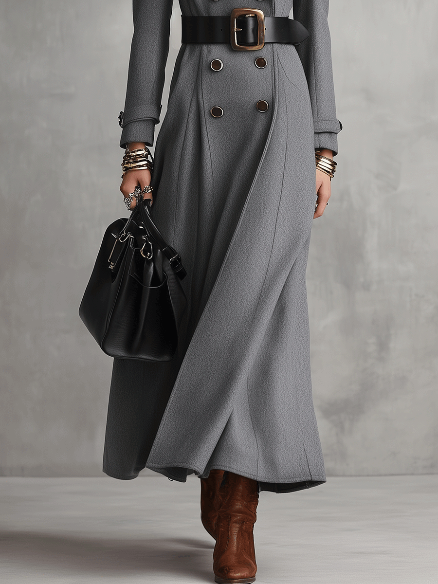 Modern Classic Wool Tailored Slate Grey Double-Breasted Long Coat