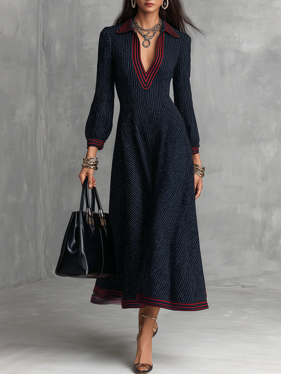 Modern Preppy Knit Structured Midnight Blue Red-Piped Maxi Dress