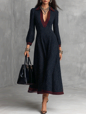 Modern Preppy Knit Structured Midnight Blue Red-Piped Maxi Dress