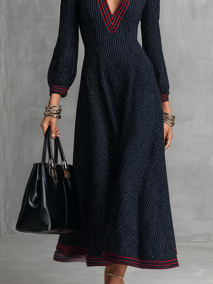 Modern Preppy Knit Structured Midnight Blue Red-Piped Maxi Dress