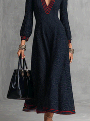 Modern Preppy Knit Structured Midnight Blue Red-Piped Maxi Dress