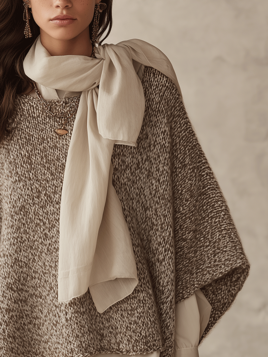 Quiet Luxury Bouclé Knit Oversized Oatmeal Cape Sweater