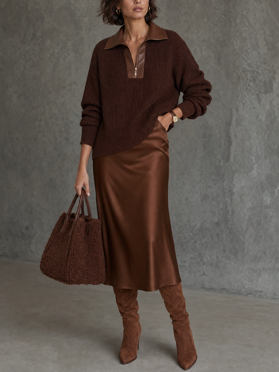 Quiet Luxe Knit Polo Top & Satin Midi Skirt Set