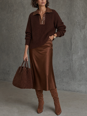 Quiet Luxe Knit Polo Top & Satin Midi Skirt Set