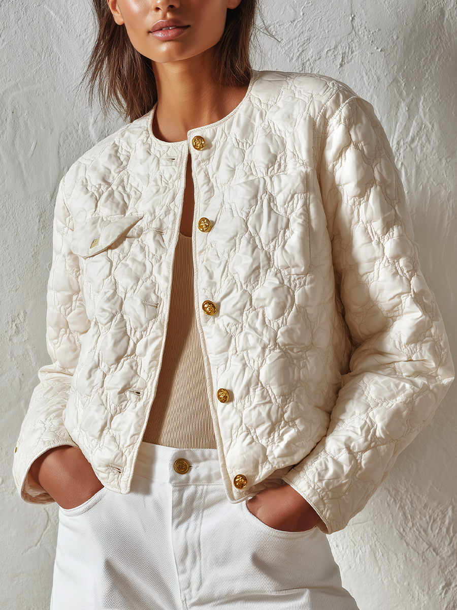 Quiet Luxe Ivory Quilted Button Jacket